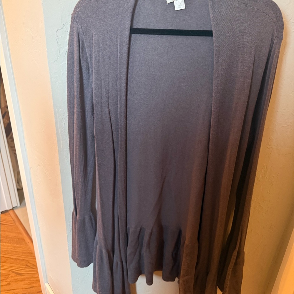 Garnet Hill Cardigan Sweater Women’s M Grey Cotton Blend Open Front Ruffle Hem